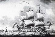 A drawing of a British two-decker off Calshot Castle Francis Swaine